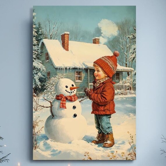 Child With Snowman Vintage Winter Scene Nostalgic Christmas Poster