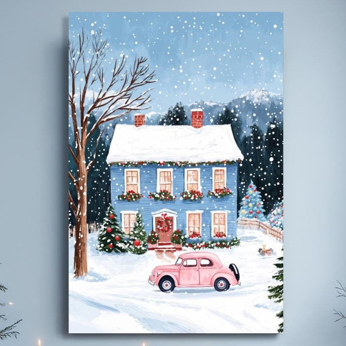 Snowy Blue Christmas Cottage With Pink Vintage Car Winter Poster