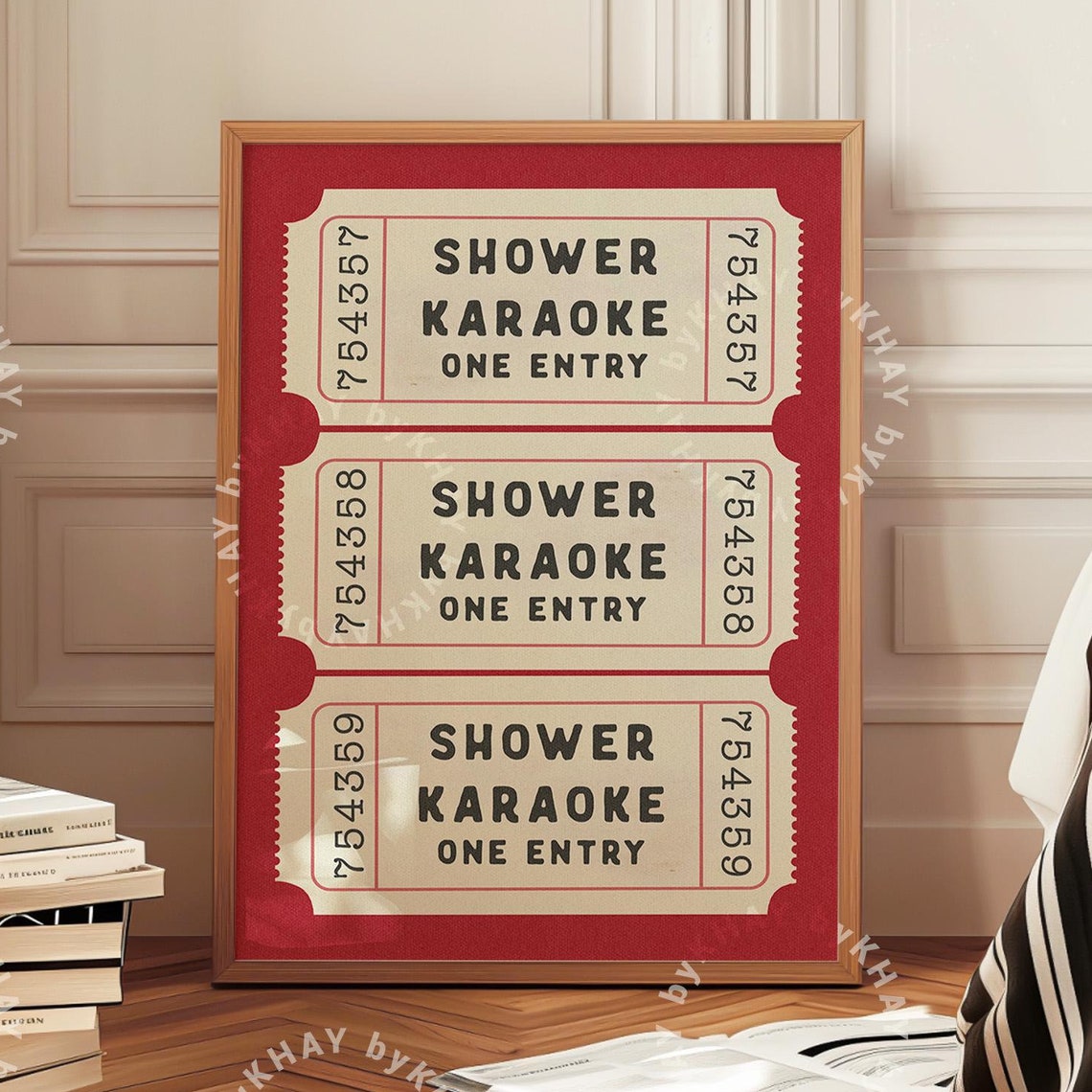 Shower Karaoke One Entry Red Vintage Ticket Stub Bathroom Poster