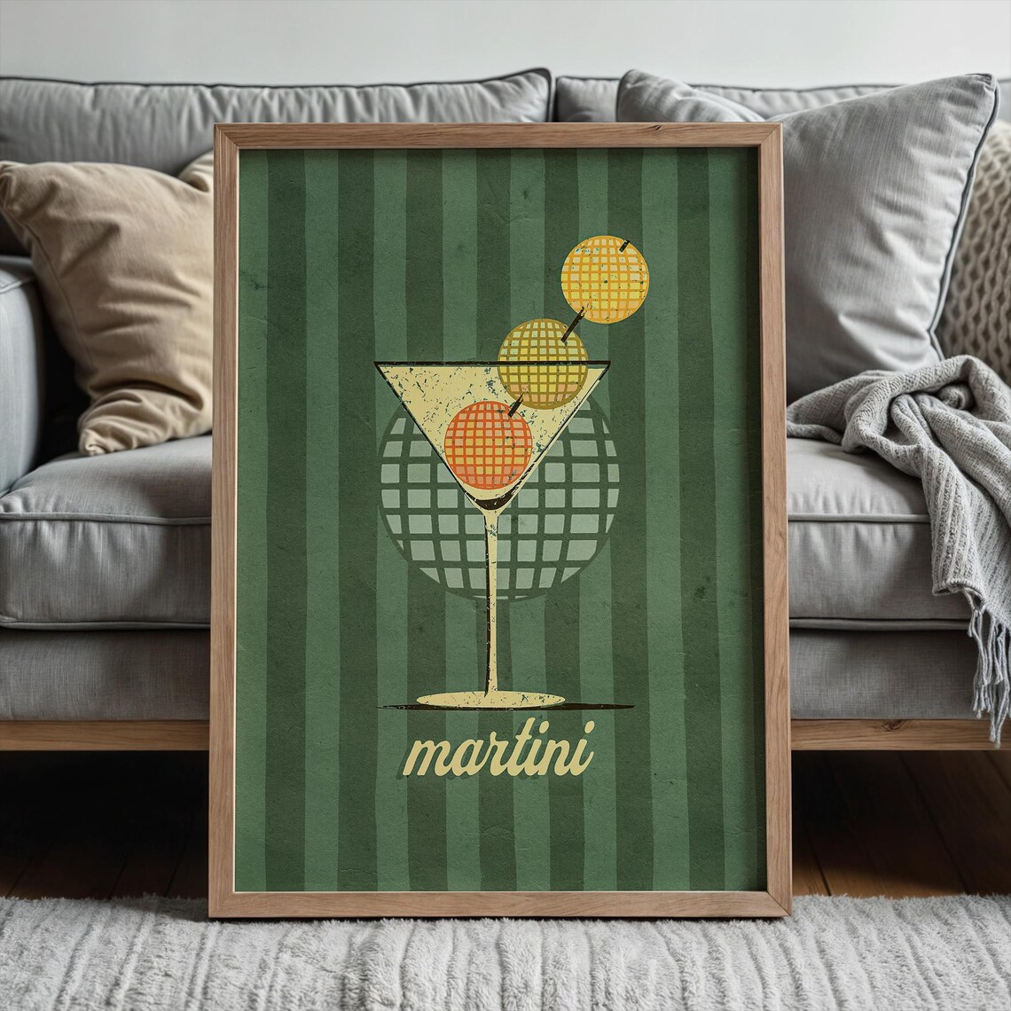 Martini Retro Cocktail Green Striped Lounge Bar Cart Decor Poster
