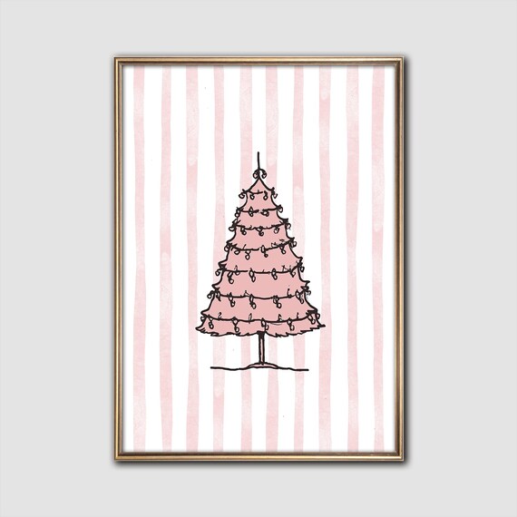 Pink Christmas Tree Minimal Line Art Blush Striped Holiday Poster