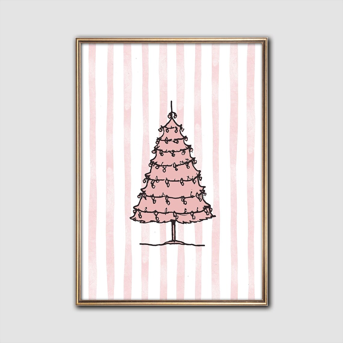 Pink Christmas Tree Minimal Line Art Blush Striped Holiday Poster