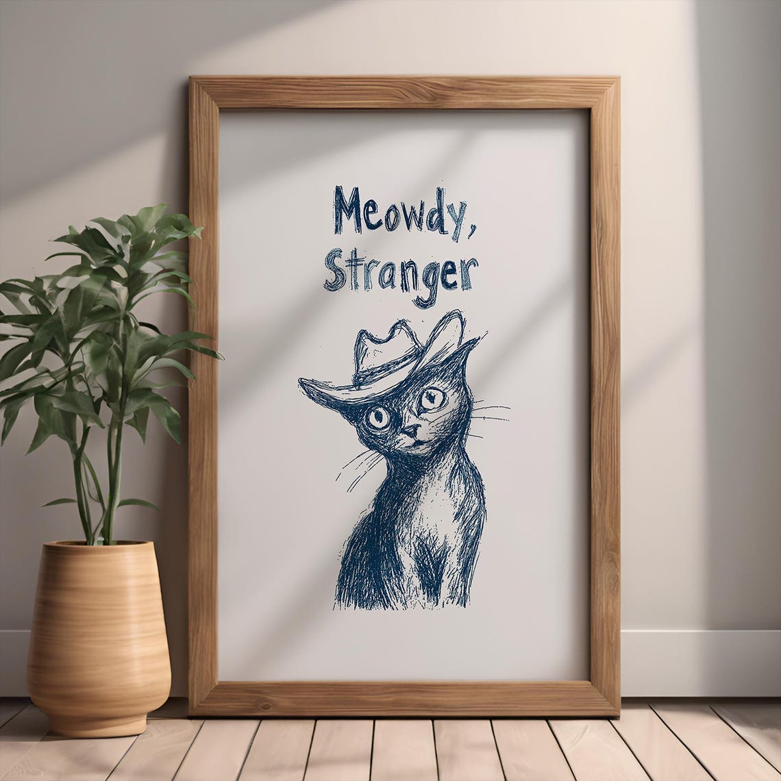 Meowdy Stranger Cowboy Cat Western Sketch Funny Blue Wall Art