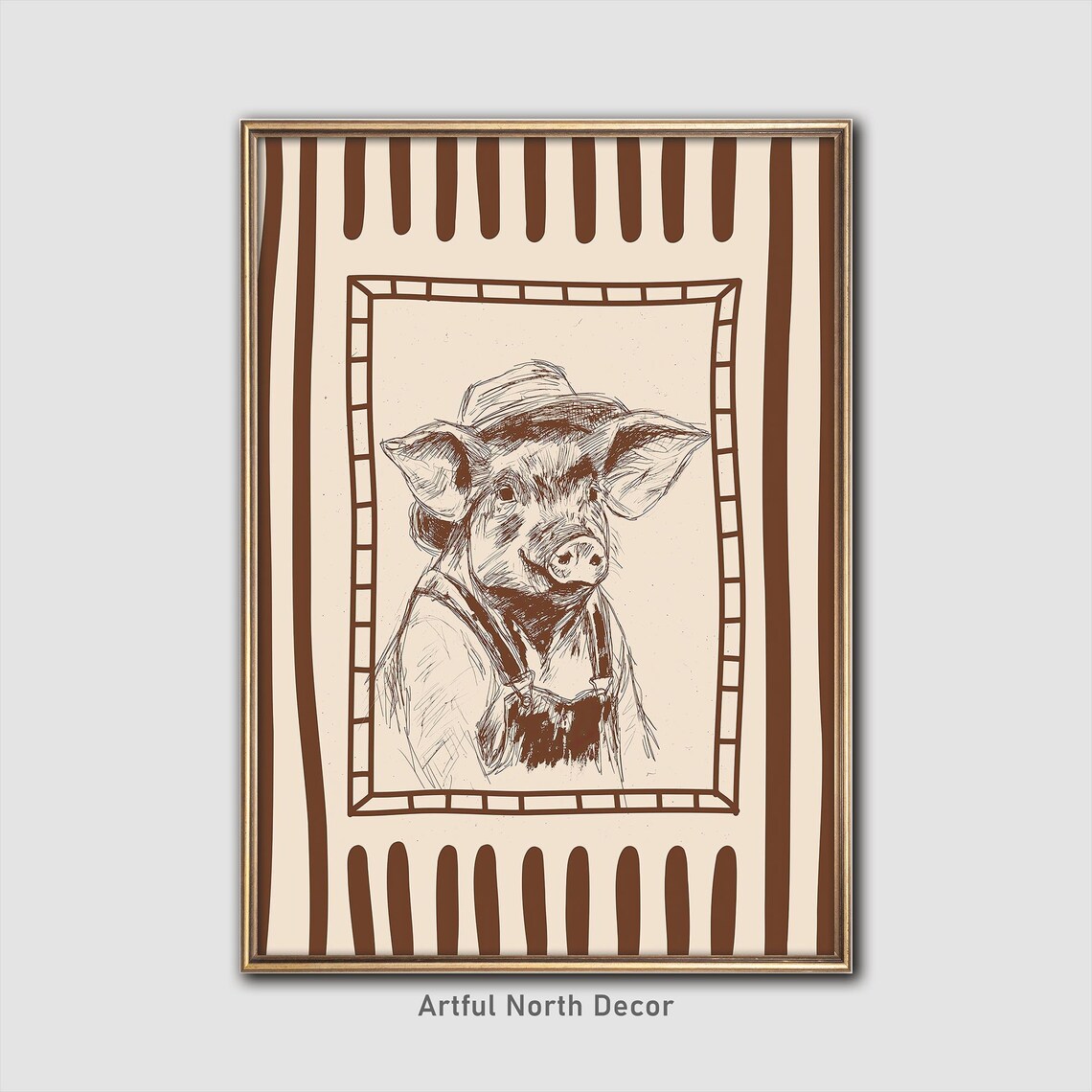 Farmer Pig Sketch Vintage Farmhouse Animal Illustration Art Poster