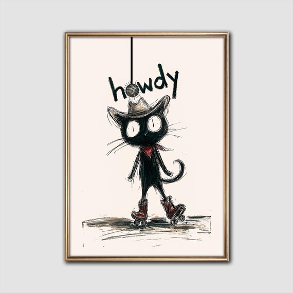Howdy Roller Skating Cowboy Cat Disco Ball Western Sketch Poster