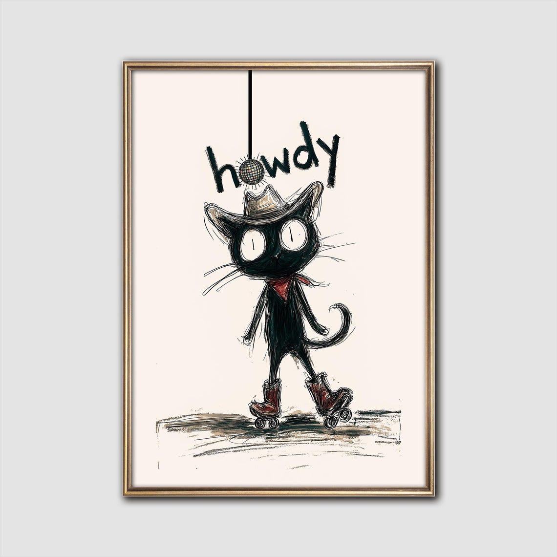 Howdy Roller Skating Cowboy Cat Disco Ball Western Sketch Poster