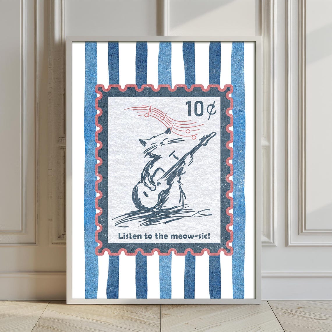 Cat Playing Guitar Listen To The Meow Sic Funny Stamp Poster