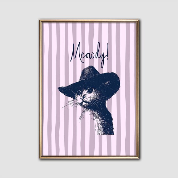 Meowdy Cowboy Cat in Hat Purple Stripes Funny Cat Art Poster