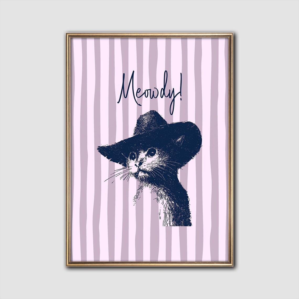 Meowdy Cowboy Cat in Hat Purple Stripes Funny Cat Art Poster