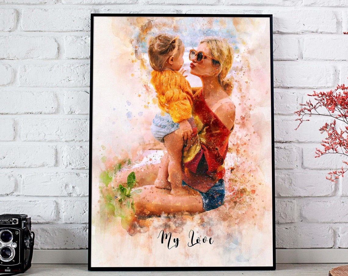 Mom and Child Pumpkin Patch Watercolor Mother Portrait Poster - Image 3