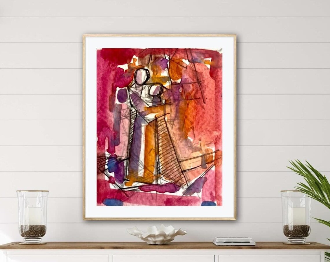 The Embrace Abstract Watercolor Warm Red Orange Couple Art Poster