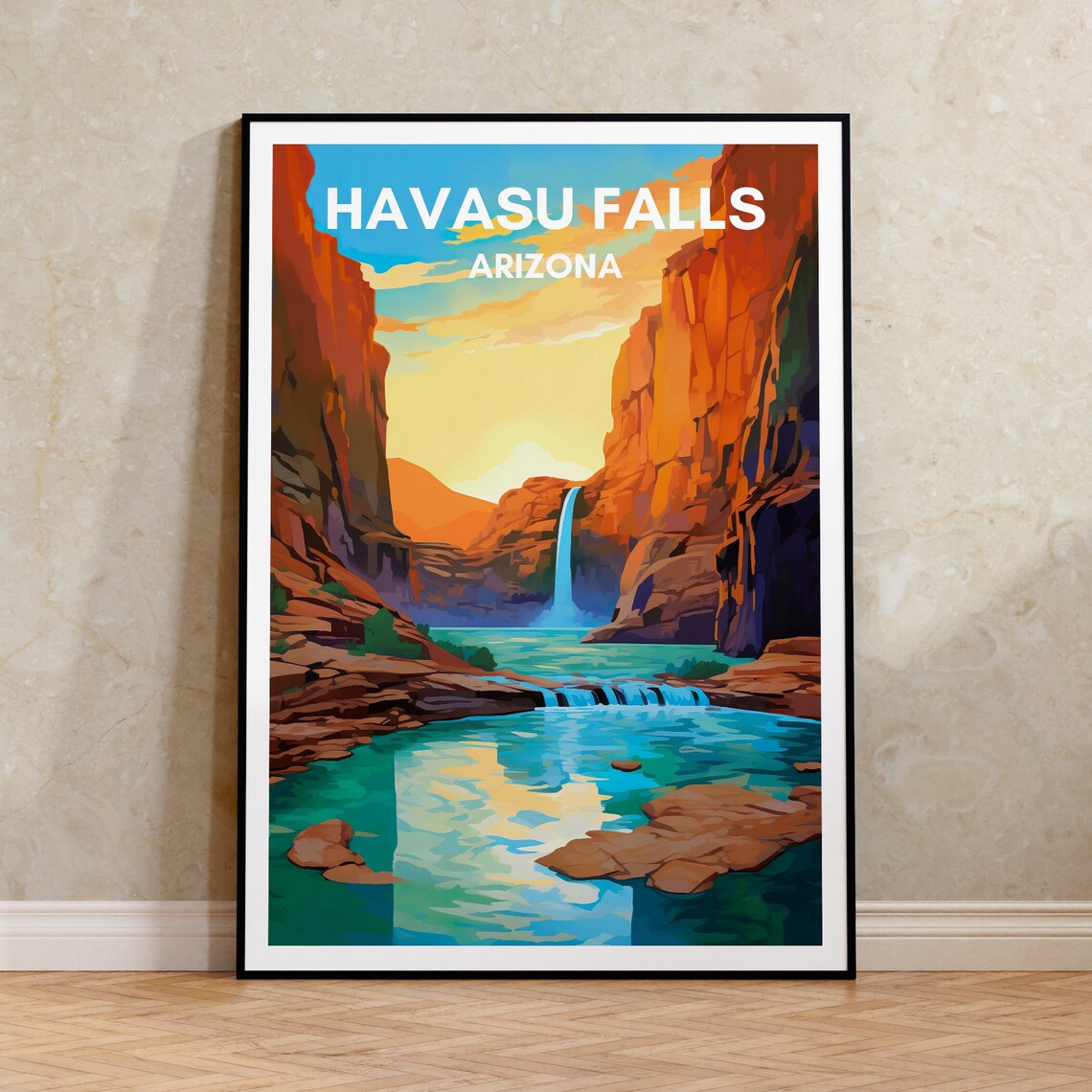 Havasu Falls Travel Poster, Waterfall Nature Decor