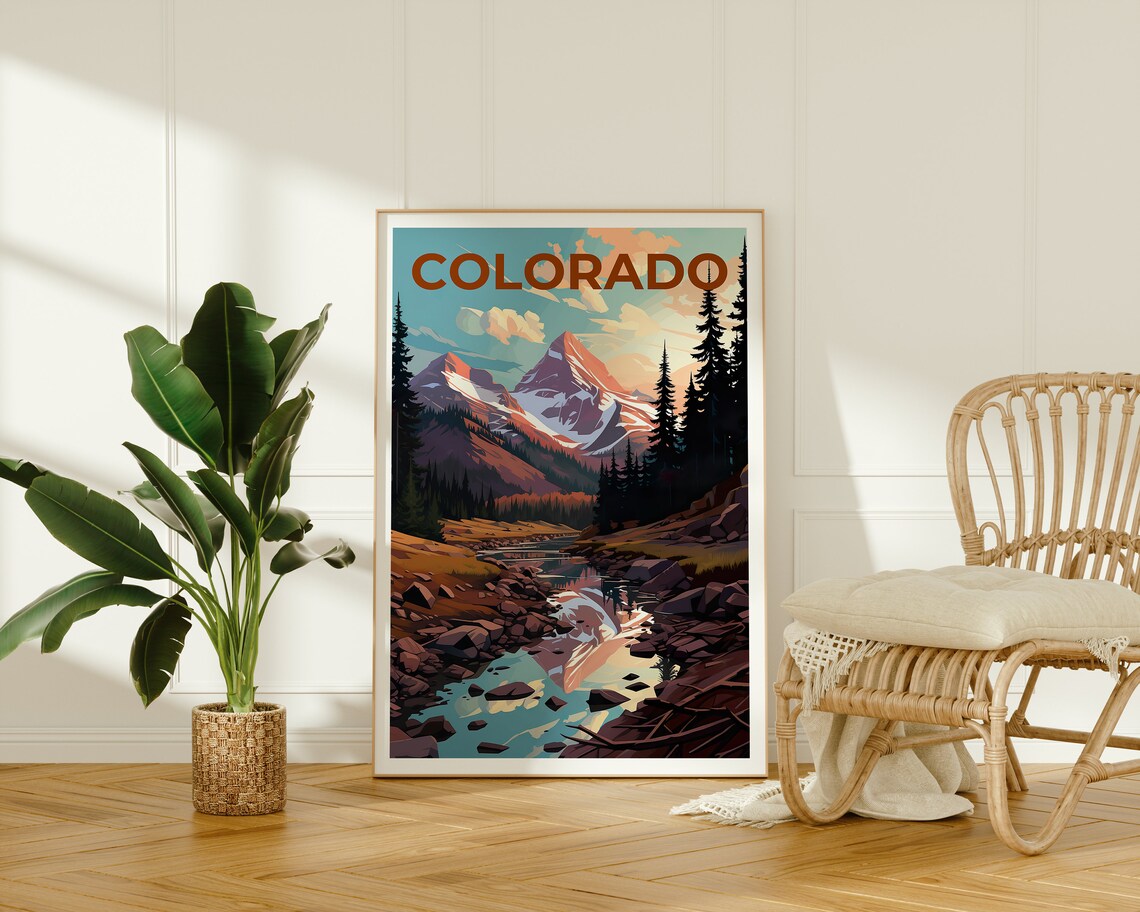 Colorado Rockies Snowy Peaks Mountain Stream Reflection Travel Poster - Image 2