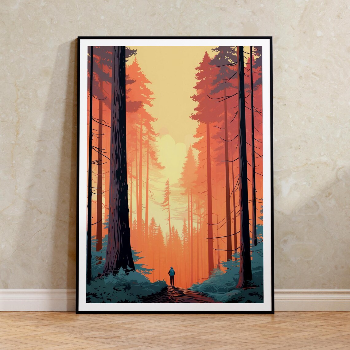 Redwood Forest Towering Trees Golden Light Hiker Trail Art Poster