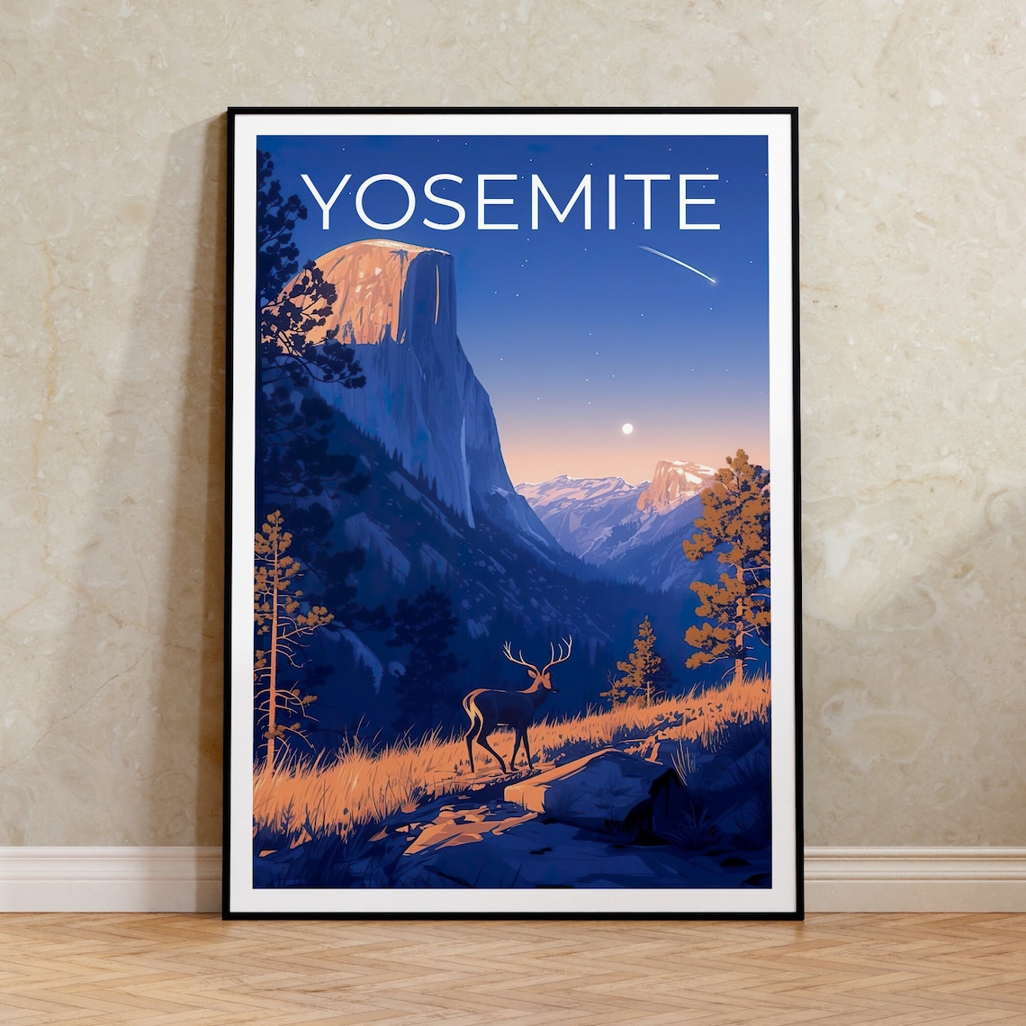 Yosemite California Half Dome Dusk Deer Meadow Stars Travel Poster