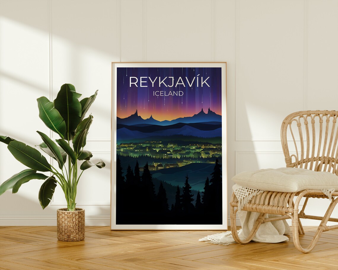 Reykjavik Iceland Northern Lights Night Sky Mountain City Poster - Image 2