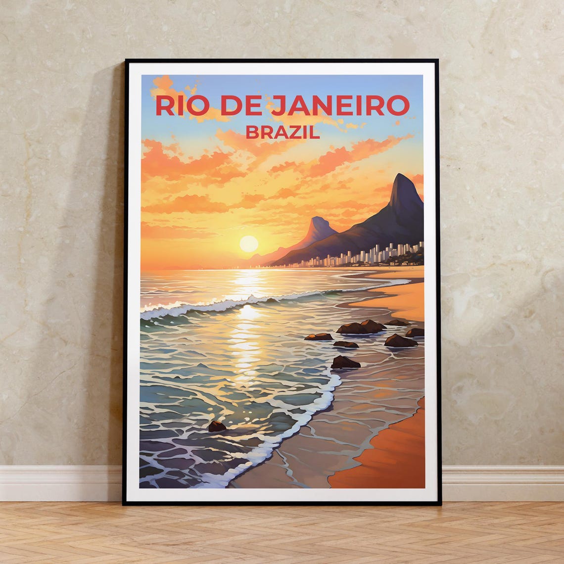Rio de Janeiro Brazil Beach Sunset Two Brothers Mountain Waves Poster