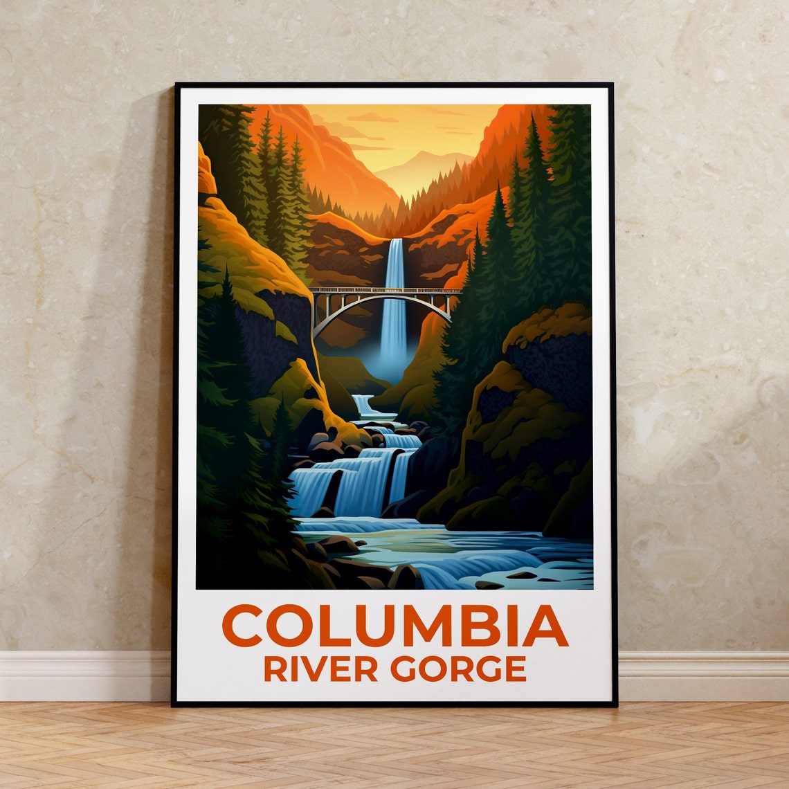 Columbia River Gorge Multnomah Falls Bridge Cascade Forest View Poster