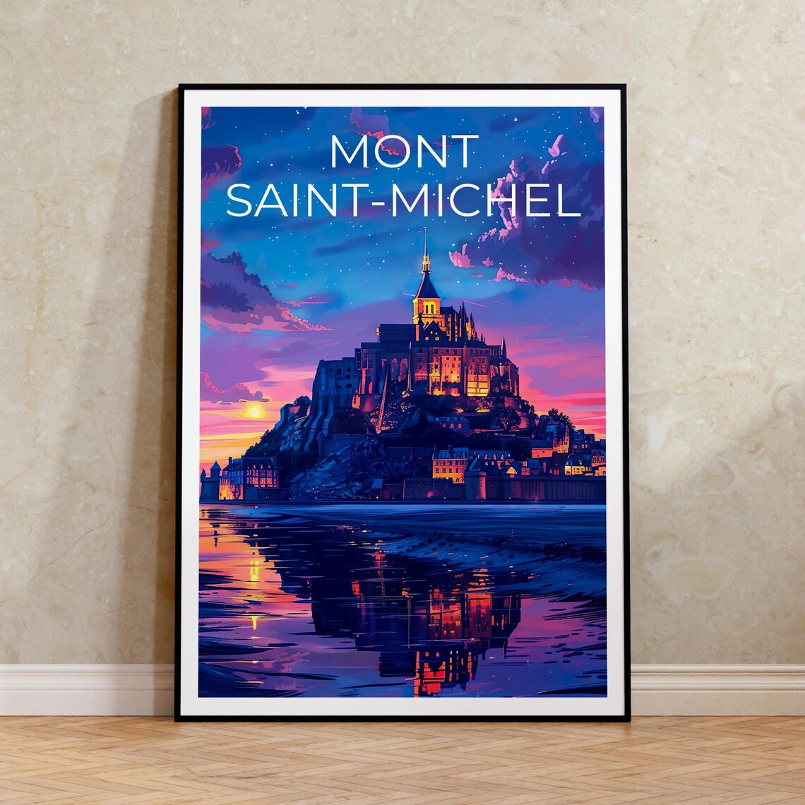 Mont Saint-Michel France Sunset Reflection Glowing Abbey Travel Poster