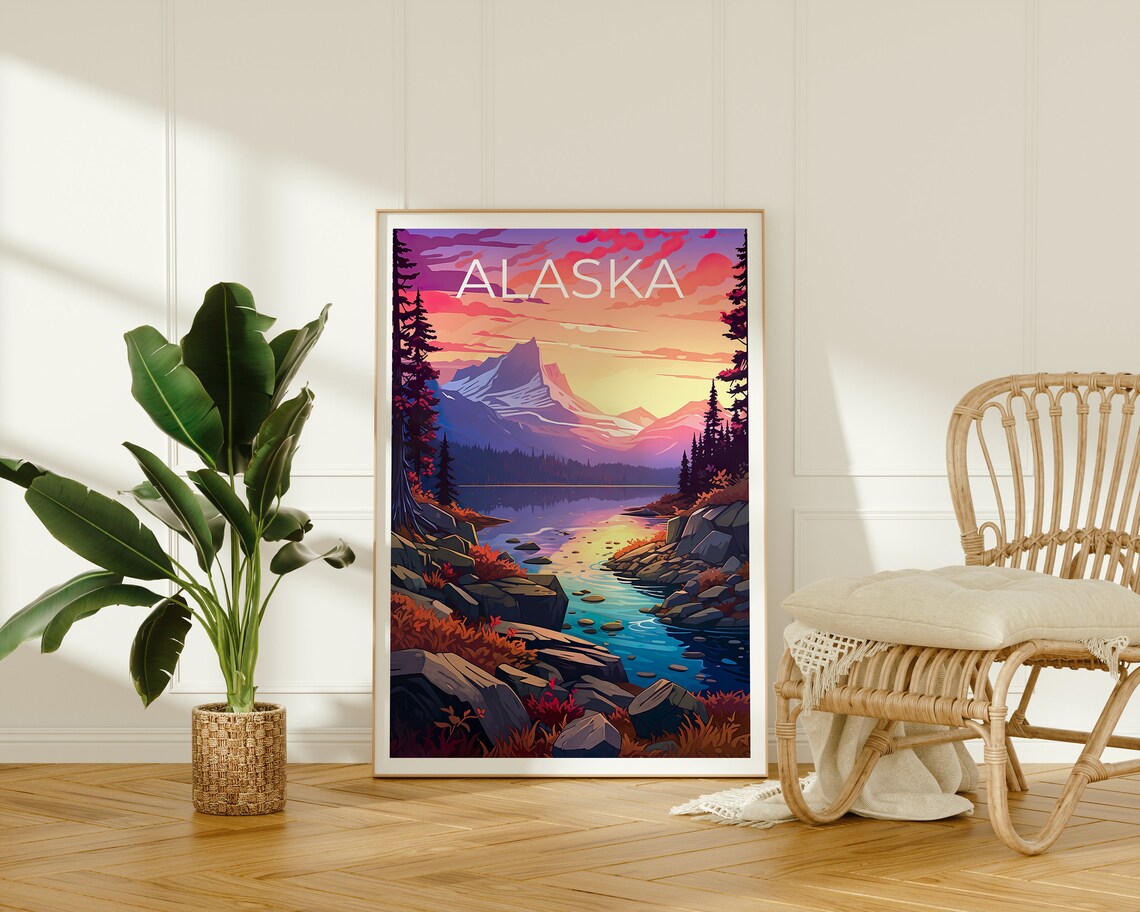 Alaska Snowy Peak Sunrise Lake Pink Sky Rocky Shore View Travel Poster - Image 2