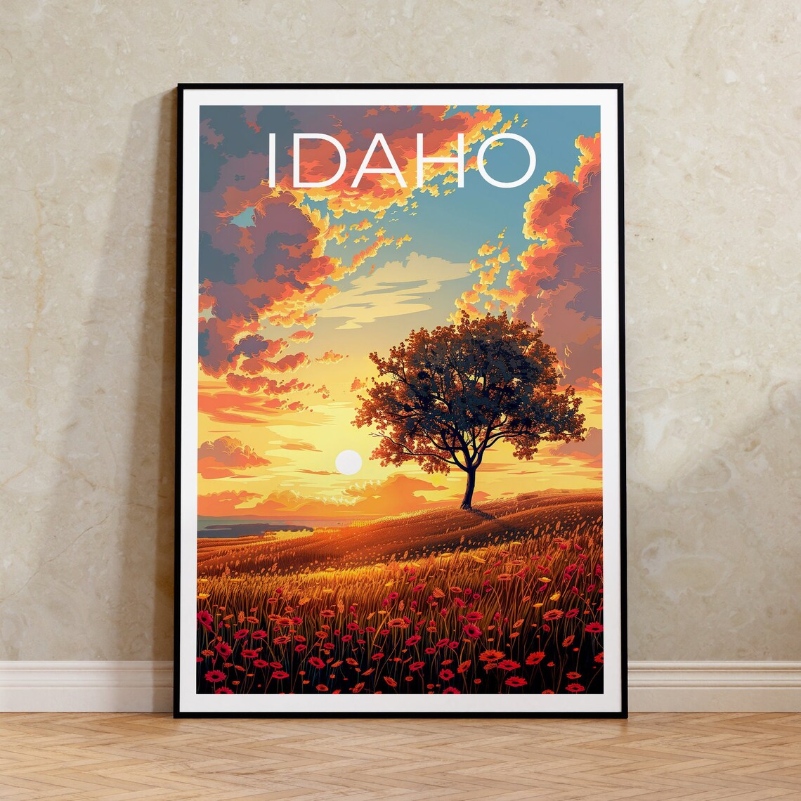 Idaho Lone Tree Sunset Wildflower Field Golden Plains Travel Poster