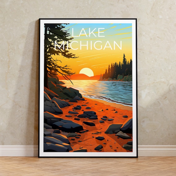 Lake Michigan Golden Rocky Beach Sunset Over Pines Travel Poster
