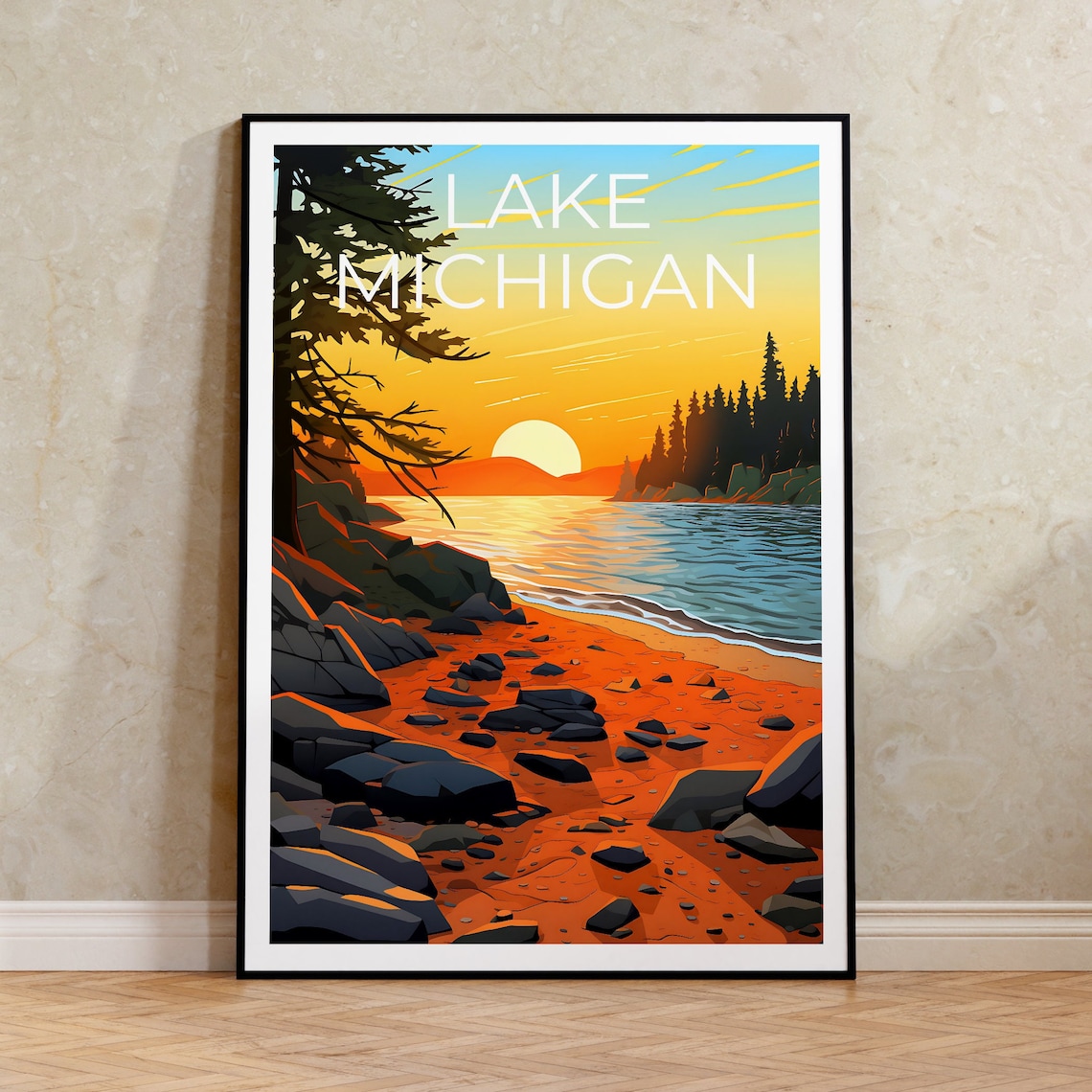 Lake Michigan Golden Rocky Beach Sunset Over Pines Travel Poster