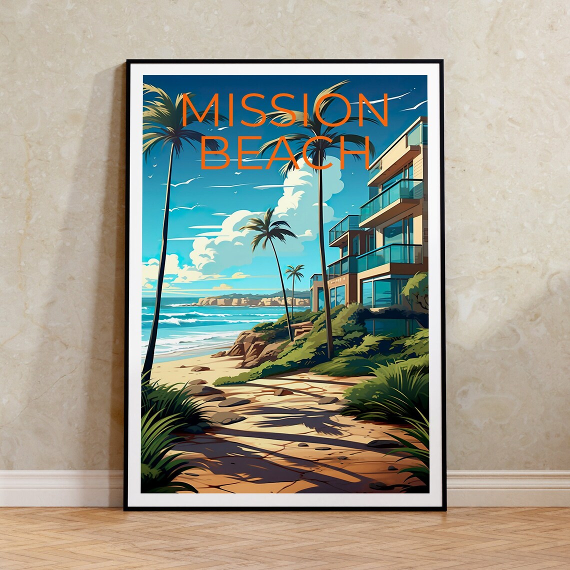 Mission Beach California Palm Boardwalk Ocean Shoreline Travel Poster