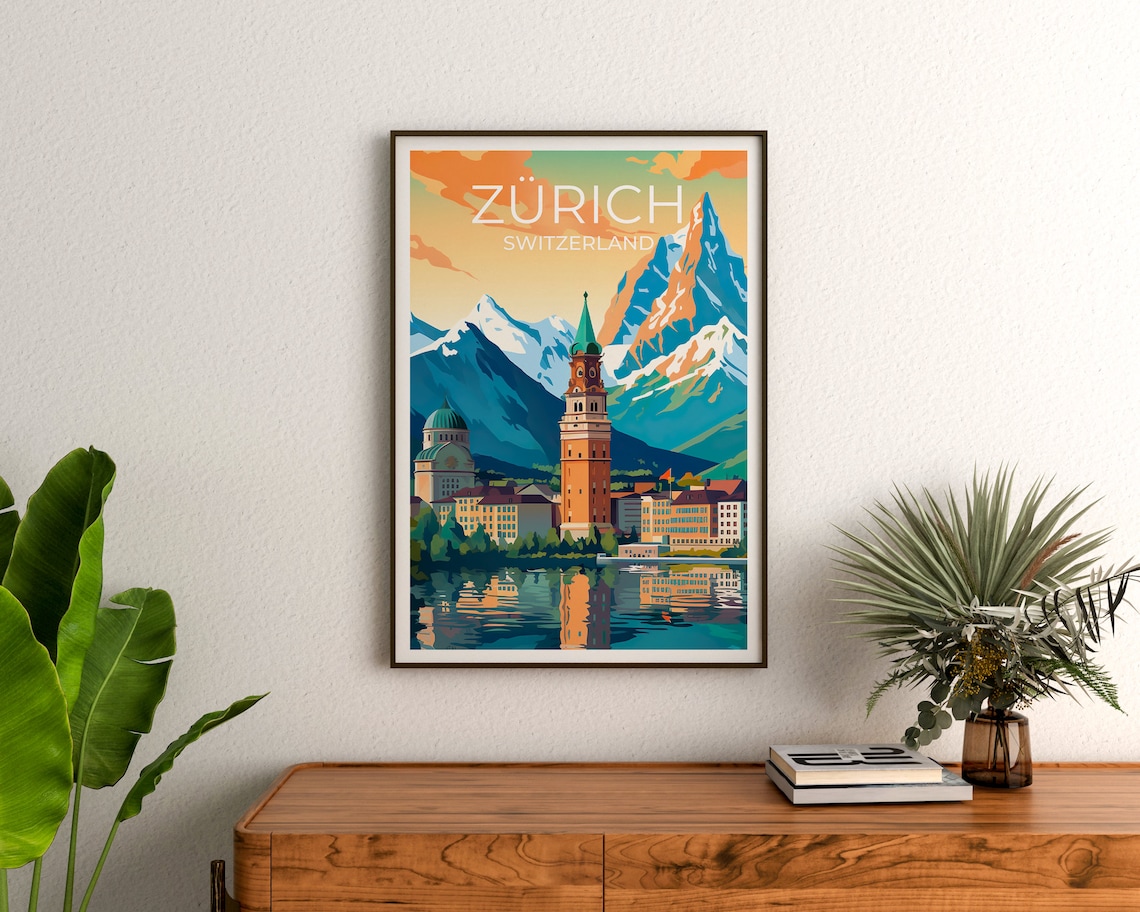 Zurich Switzerland Old Town Clock Tower Lake Snowy Alps Sunset Poster - Image 3