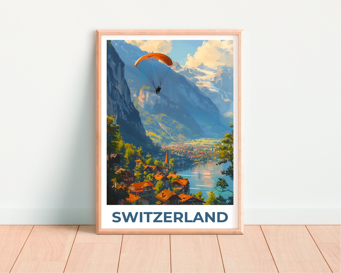 Switzerland Travel Poster, Paragliding Swiss Village - Image 4