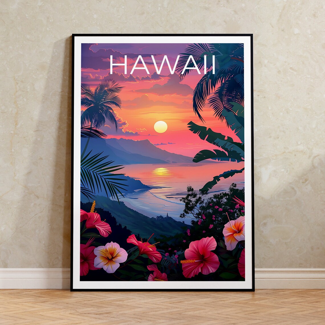 Hawaii Sunset Ocean Bay Palm Trees Hibiscus Flower View Poster