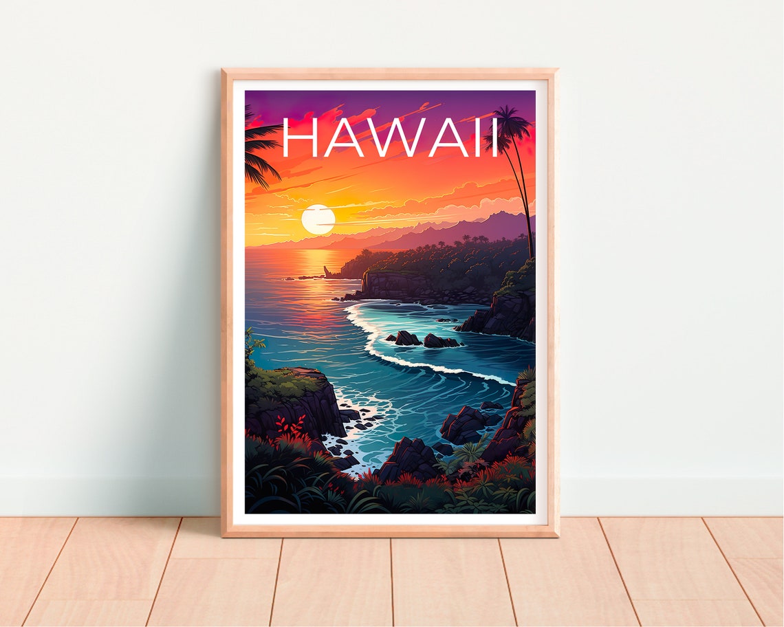 Hawaii Ocean Sunset Rocky Cove Cliffs Teal Waves Travel Poster - Image 4
