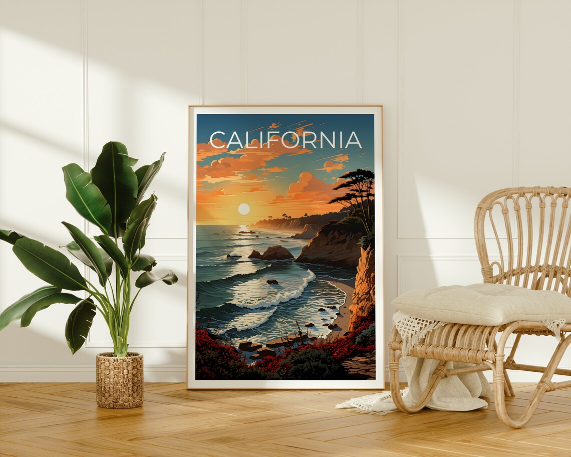 California Coast Sunset Golden Cliffs Ocean Waves Travel Poster - Image 2