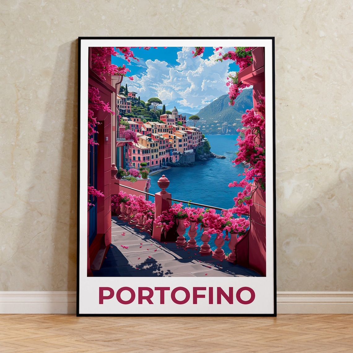 Portofino Italy Colorful Harbor Bougainvillea Balcony Sea View Poster