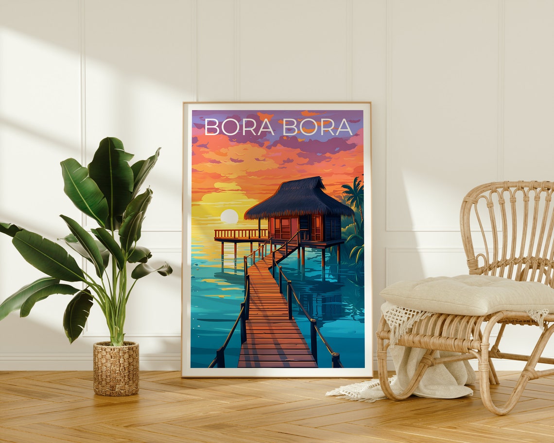 Bora Bora Overwater Bungalow Sunset Lagoon Pier Tropical Travel Poster - Image 2