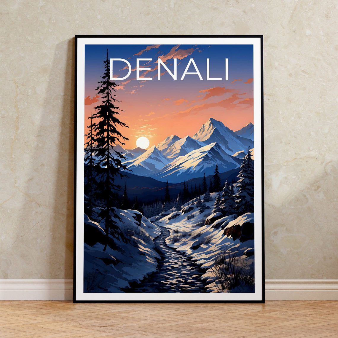 Denali Alaska Snowy Mountain Pass Winter Sunset Travel Poster