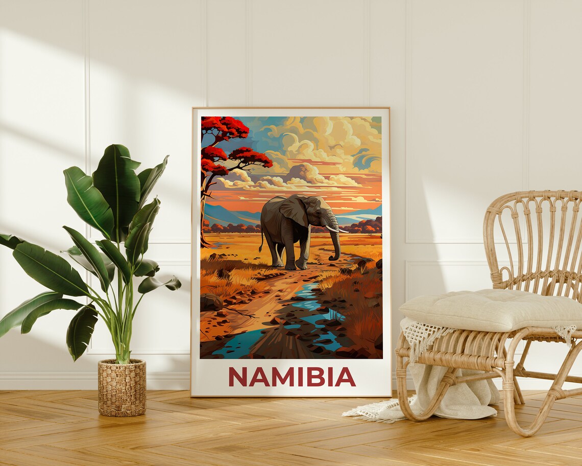Namibia African Elephant Sunset Savanna Landscape Travel Poster - Image 2