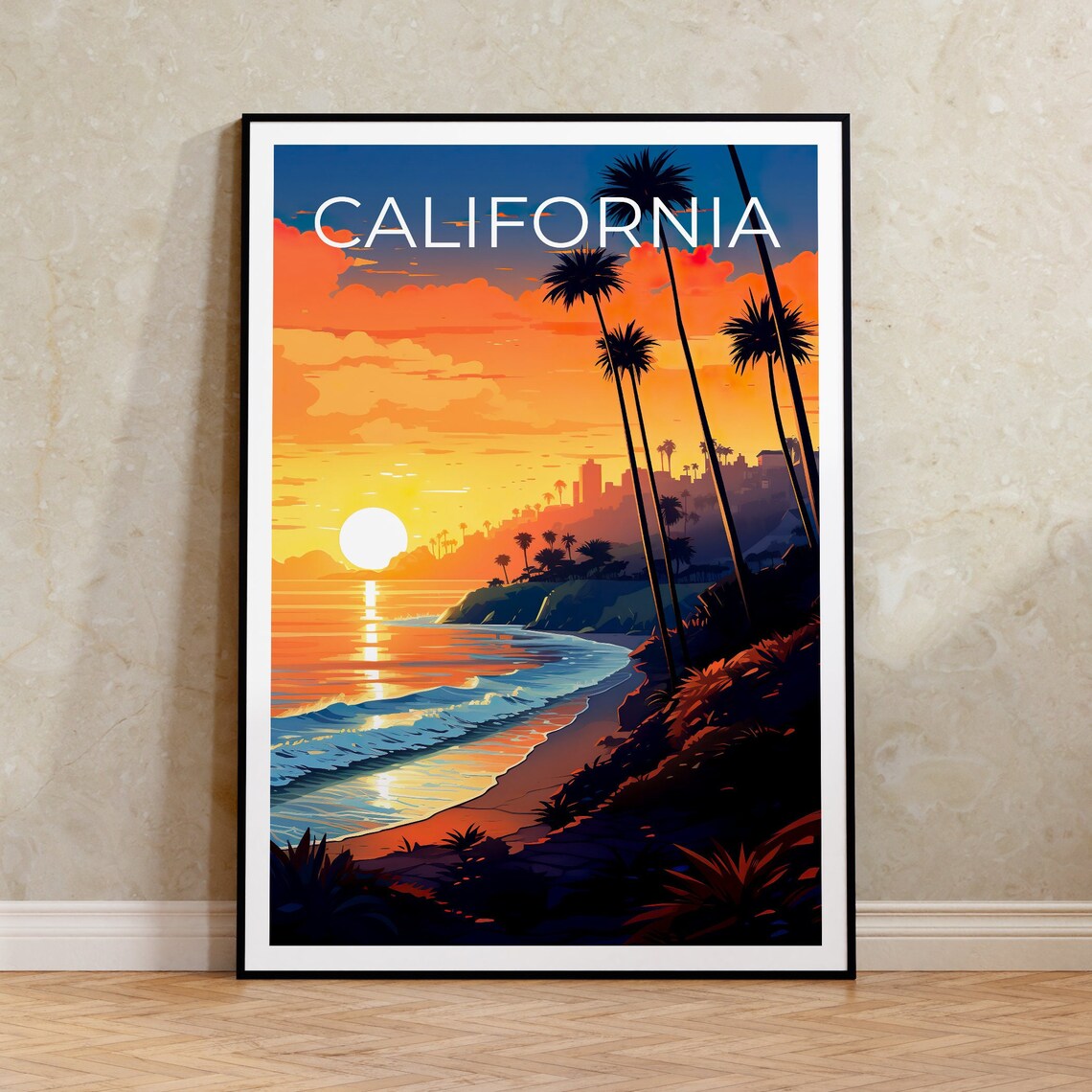 California Beach Sunset Palm Trees Ocean Shoreline View Poster