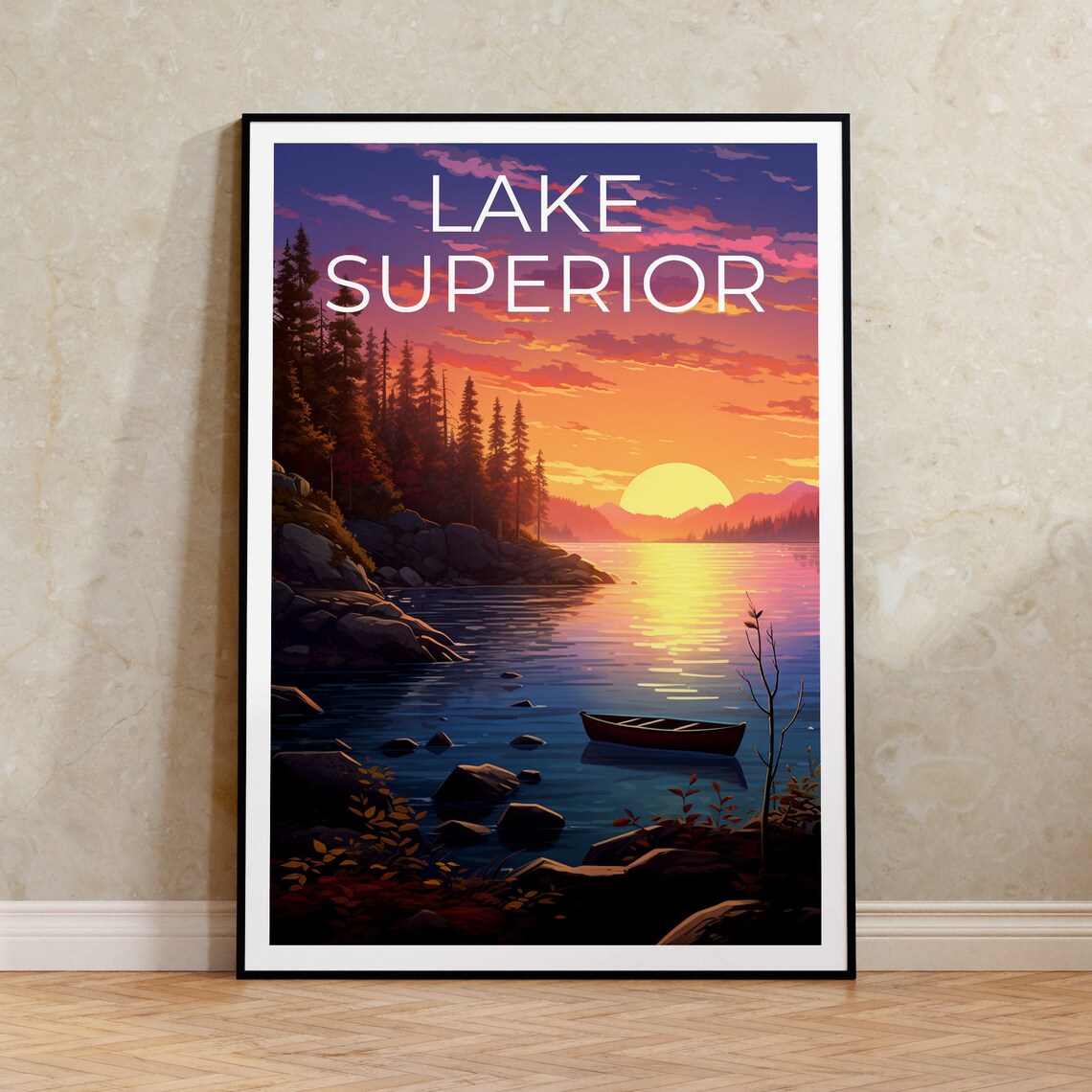 Lake Superior Sunset Canoe Rocky Cove Pines Great Lakes Travel Poster