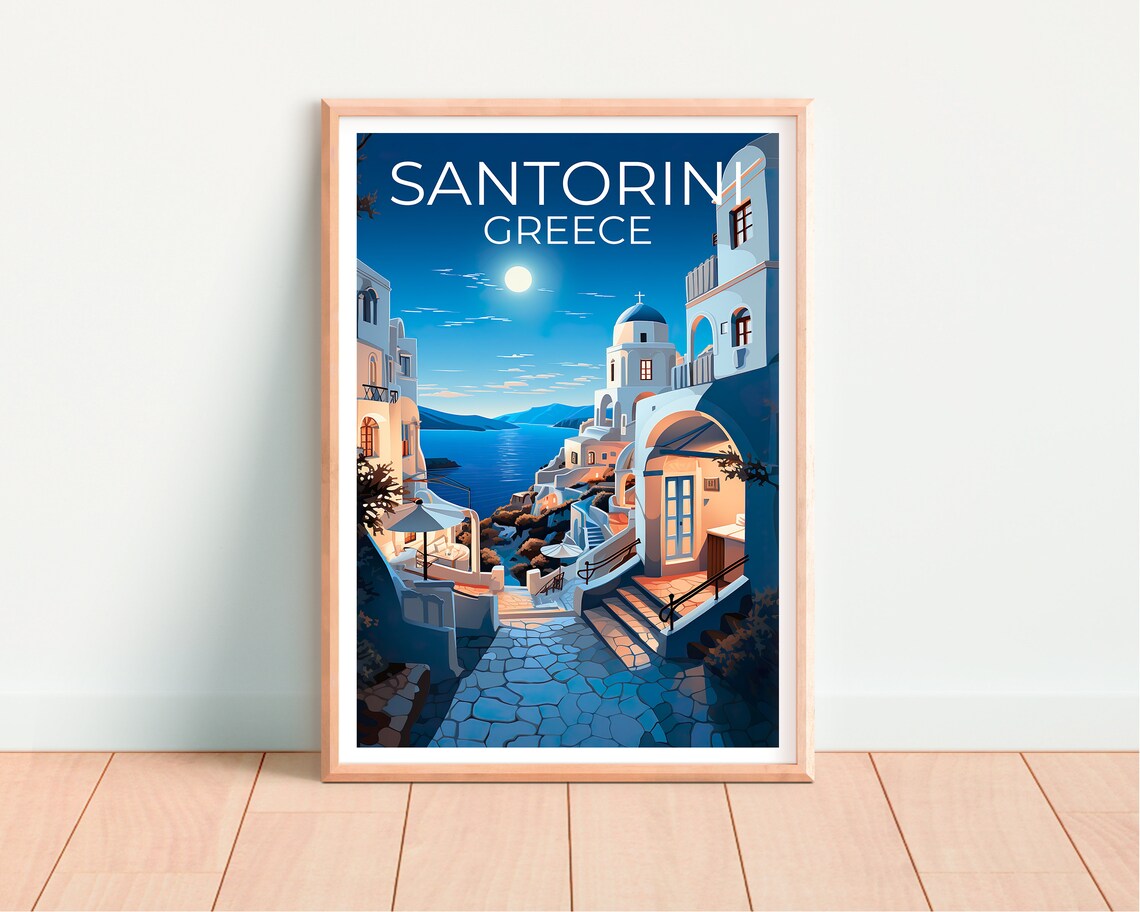 Santorini Greece Blue Dome Church Night Moonlit Caldera Travel Poster - Image 4