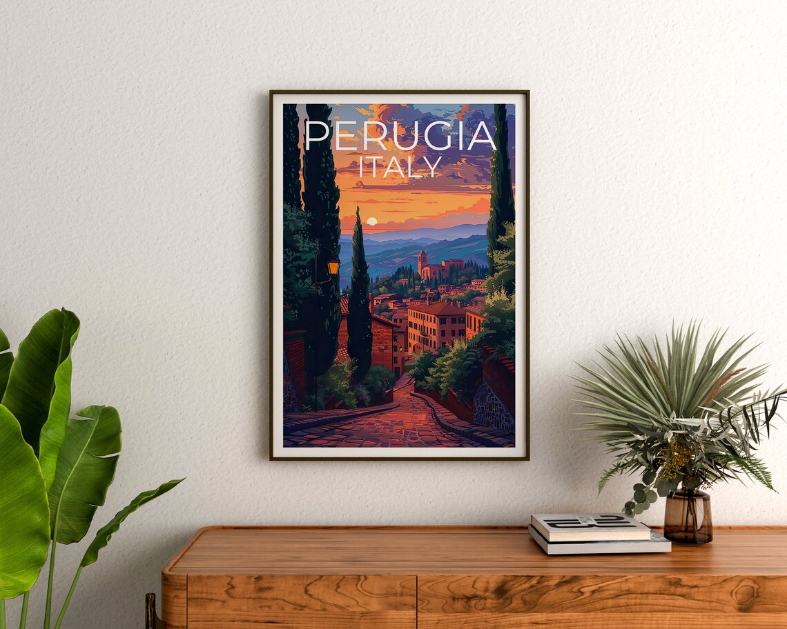 Perugia Italy Umbrian Old Town Sunset Cobblestone Street Travel Poster - Image 3