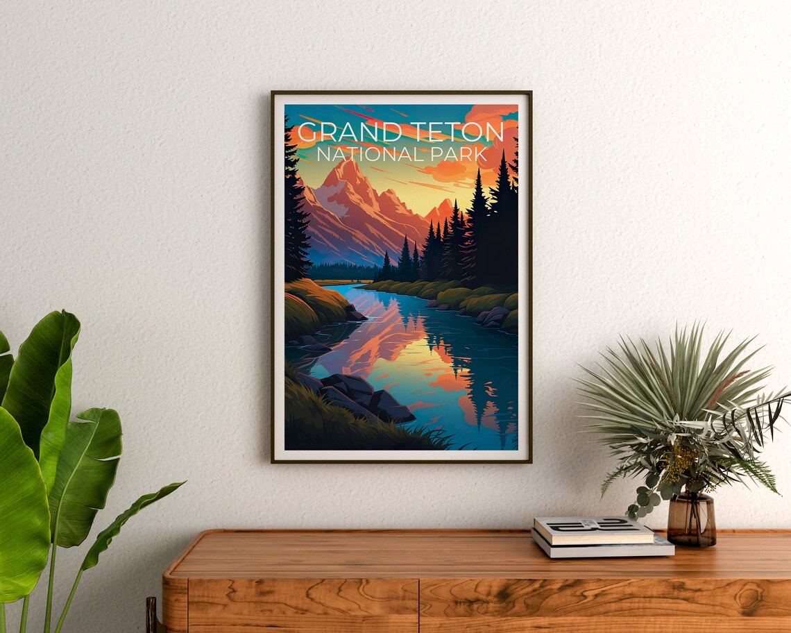 Grand Teton National Park Wyoming Sunset Peak Lake Reflection Poster - Image 3