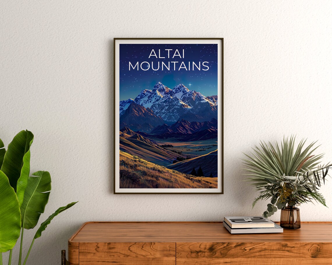 Altai Mountains Starry Night Snowy Twin Peaks Golden Hills Poster - Image 3