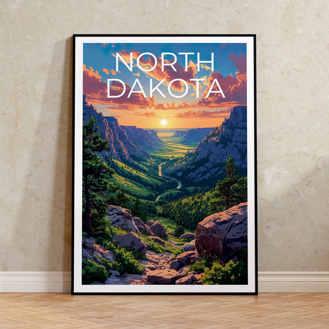 North Dakota Badlands Valley River Sunset Cliffs Travel Poster