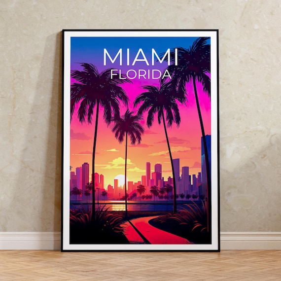 Miami Florida Neon Sunset Palm Trees Skyline Retro Travel Poster