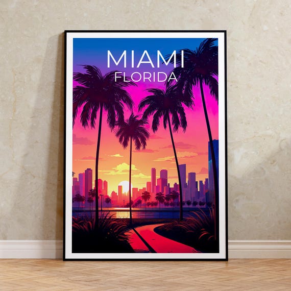 Miami Travel Print Florida Poster Tropical Wall Art South Beach Illustration Home Decor Birthday Gift
