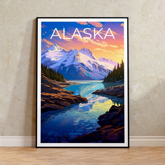 Alaska Travel Poster, Mountain Landscape Print