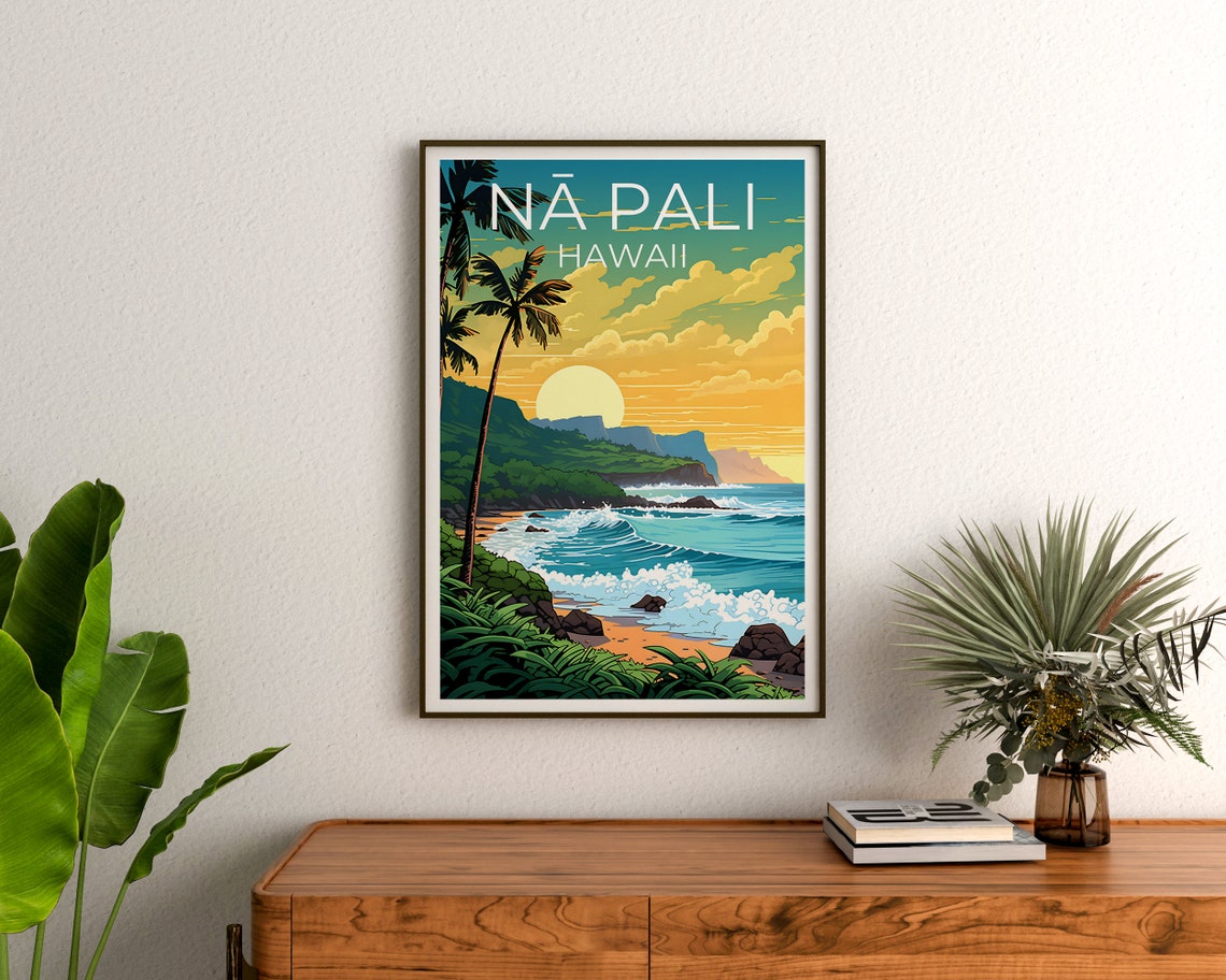 Na Pali Hawaii Coastal Cliffs Palm Trees Sunset Waves Travel Poster - Image 3