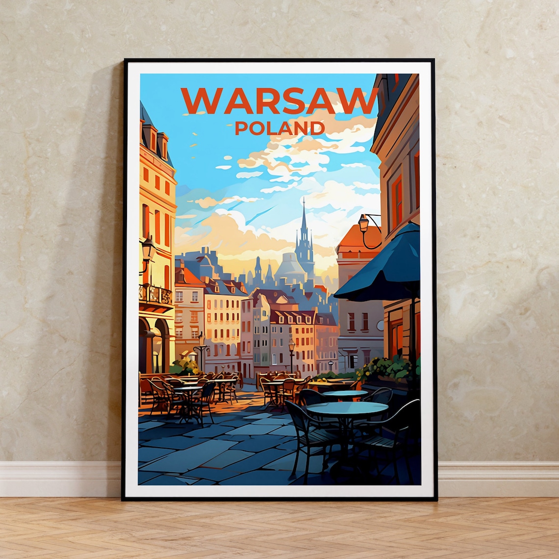 Warsaw Poland Old Town Street Cafe Colorful Illustration Poster