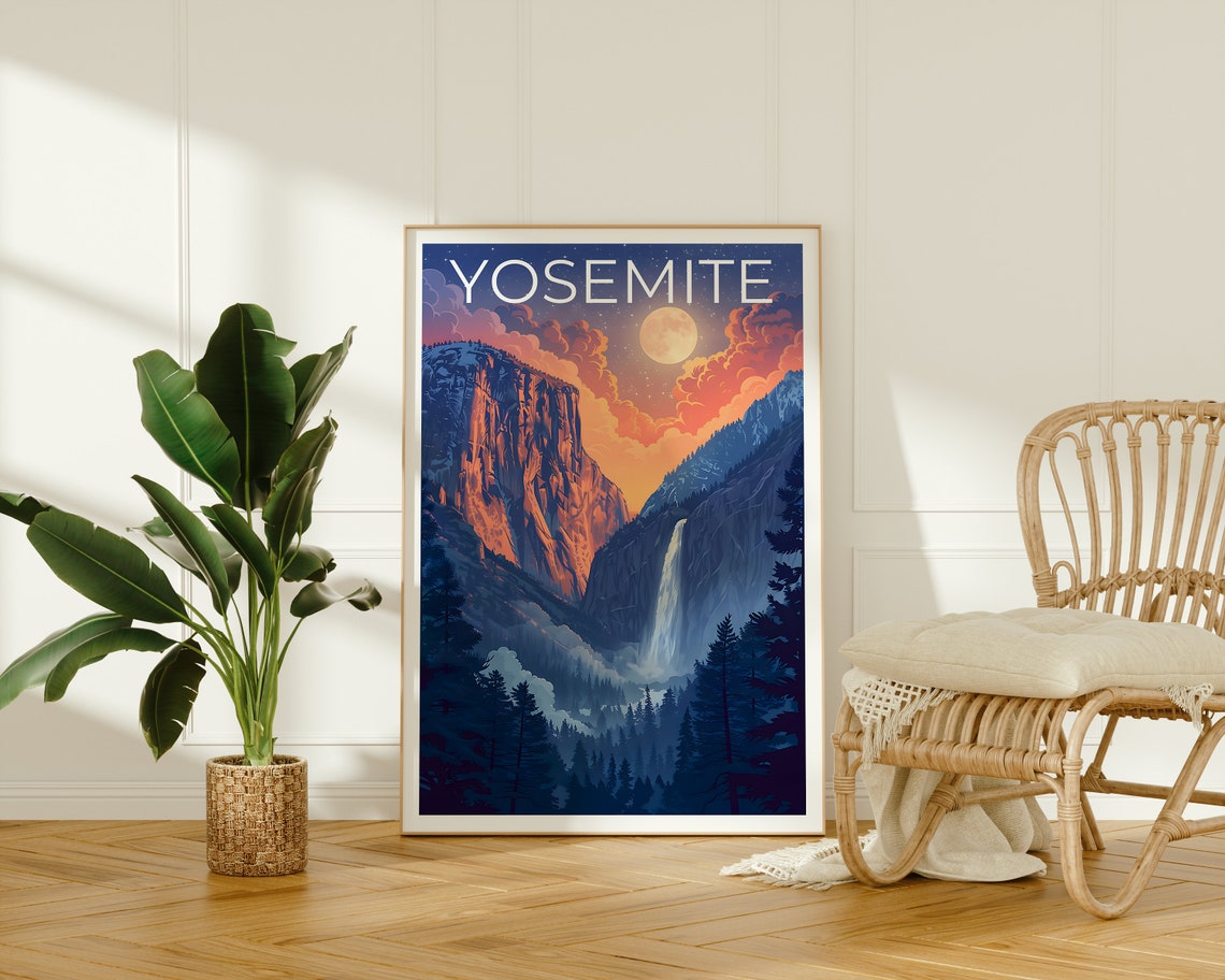 Yosemite National Park Moonlit Cliffs Waterfall Valley Travel Poster - Image 2